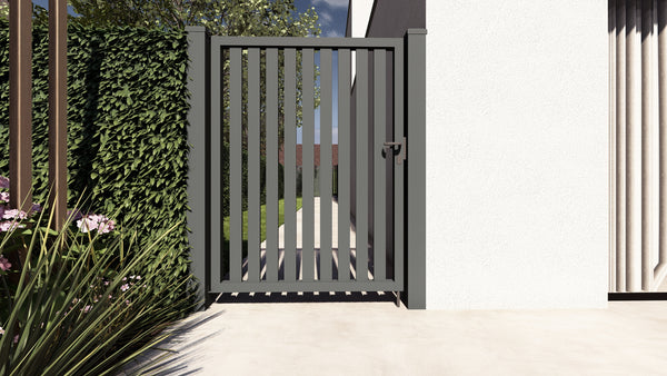 Antraciet aluminium poort Alzebra met verticale latten, open design aan moderne woning