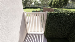 bovenaanzicht van Alzebra aluminium poort met vericale open lamellen