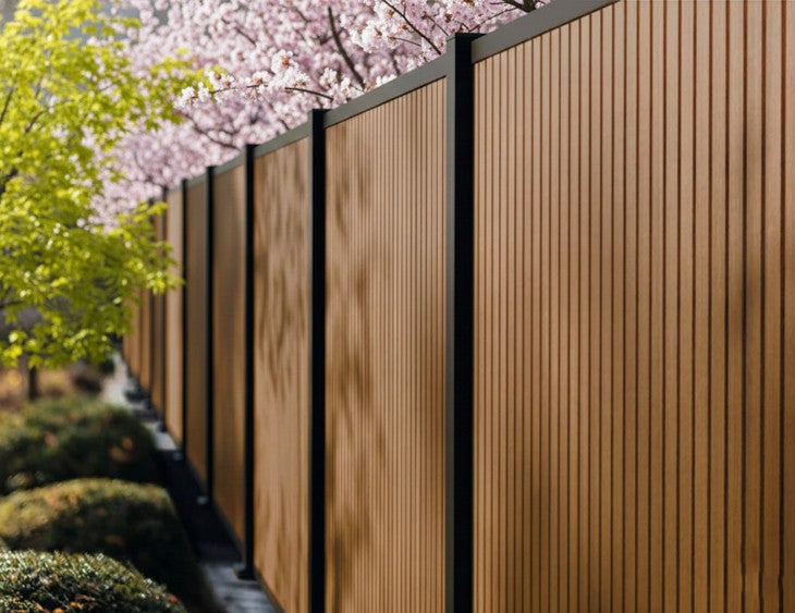 Luxe Washington Modern verticale composiet schutting in teak kleur met rhombusprofiel.