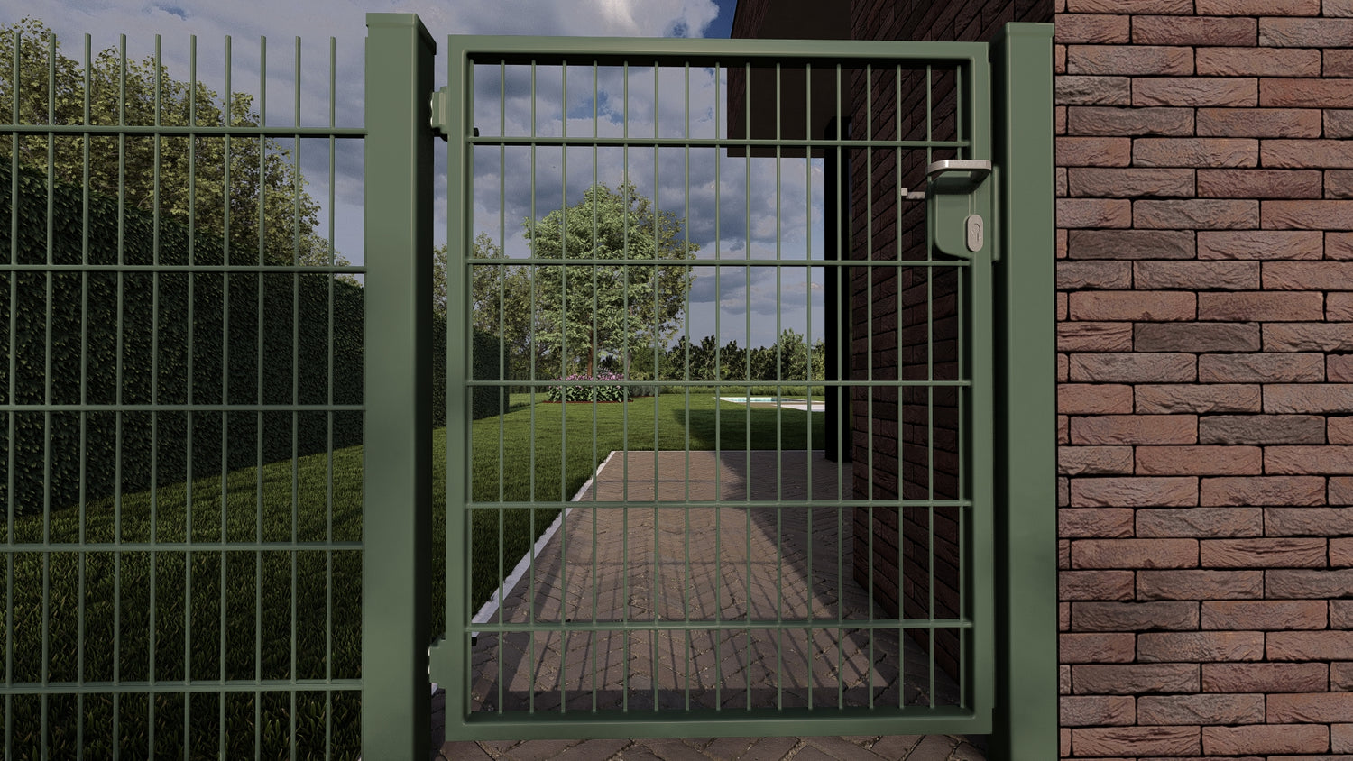 Portail battant G avec remplissage en acier mat - double battant