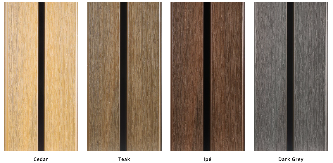 Kleurengamma van Fiberdeck WEO composiet gevelbekleding in de vier uitvoeringen: Teak, Ipé, Silver Grey en Dark Grey (Antraciet)