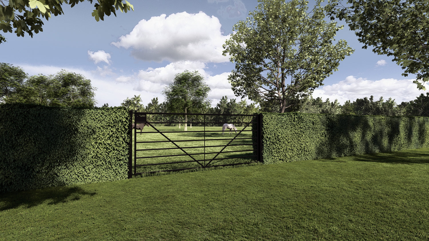 Kopal Meuhh aluminium weidepoort in zwart, 3 meter breed. Hoogwaardig Belgisch hekwerk met een landelijke uitstraling en onderhoudsvrij aluminium profiel