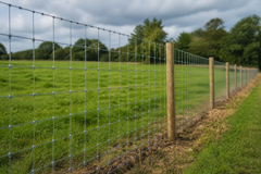 Schapengaas geplaatst langs een weiland. Verzinkt en aluminium schapengaas met vrachtvriendelijke knoop