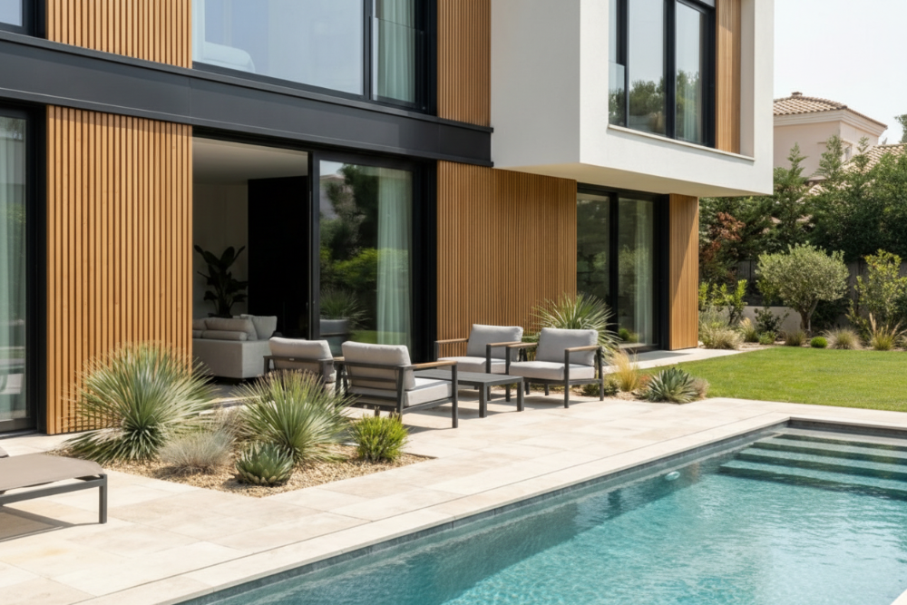 Fiberdeck WEO 35 houtcomposiet gevelbekleding met triple rhombus profiel in een moderne tuinzetting.