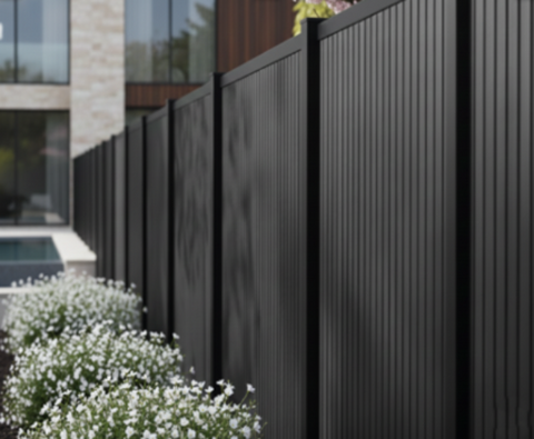 Luxe Washington Modern verticale zwarte composiet schutting met diepzwart rhombusprofiel.