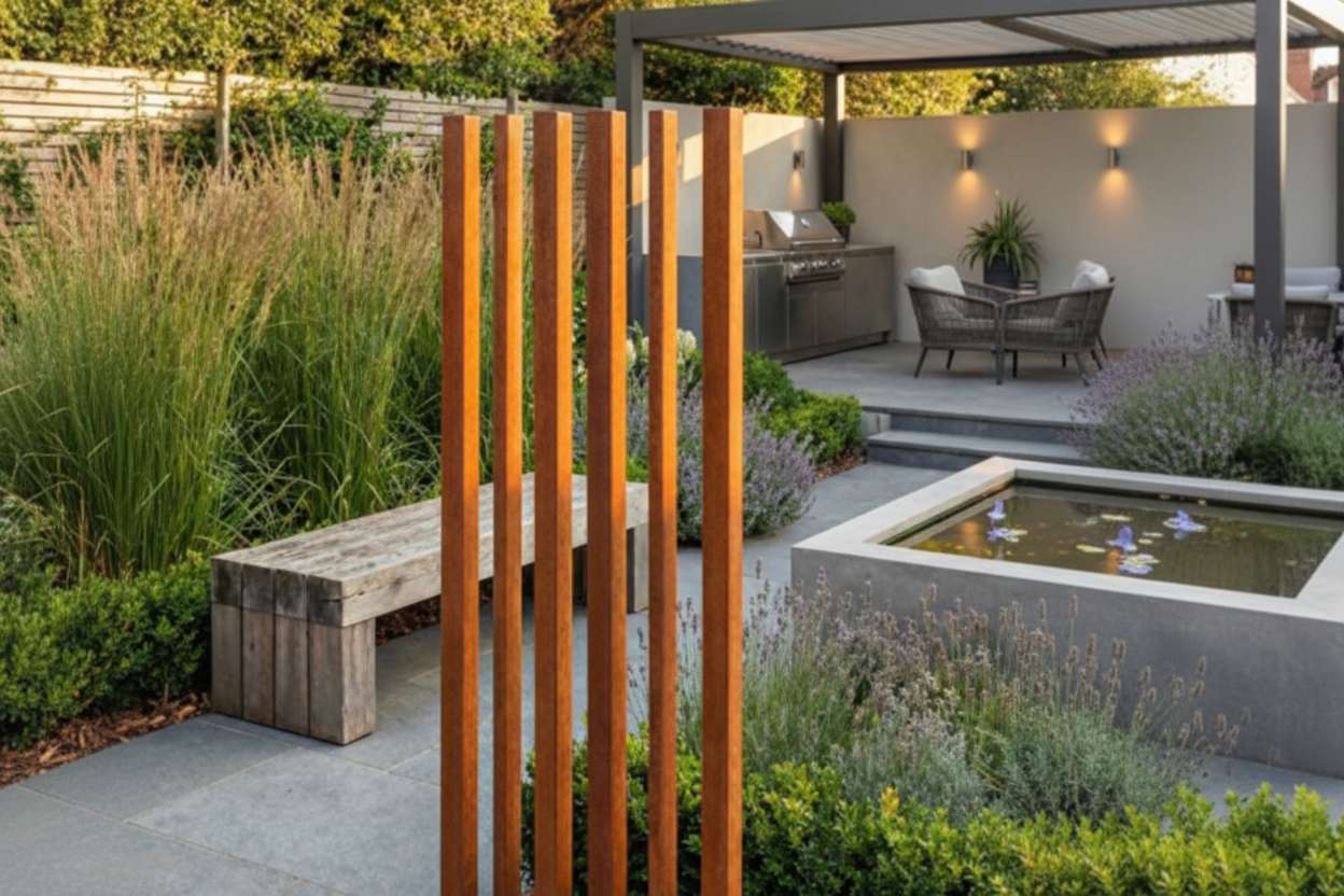 Palenwand Vario in cortenstaal met afwisselende breedtes