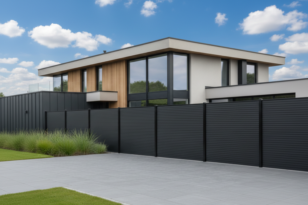 Moderne zwarte schutting Fiberdeck Modern in onderhoudsvrije composiet