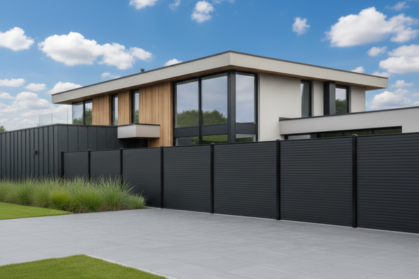 Moderne zwarte schutting Fiberdeck Modern in onderhoudsvrije composiet