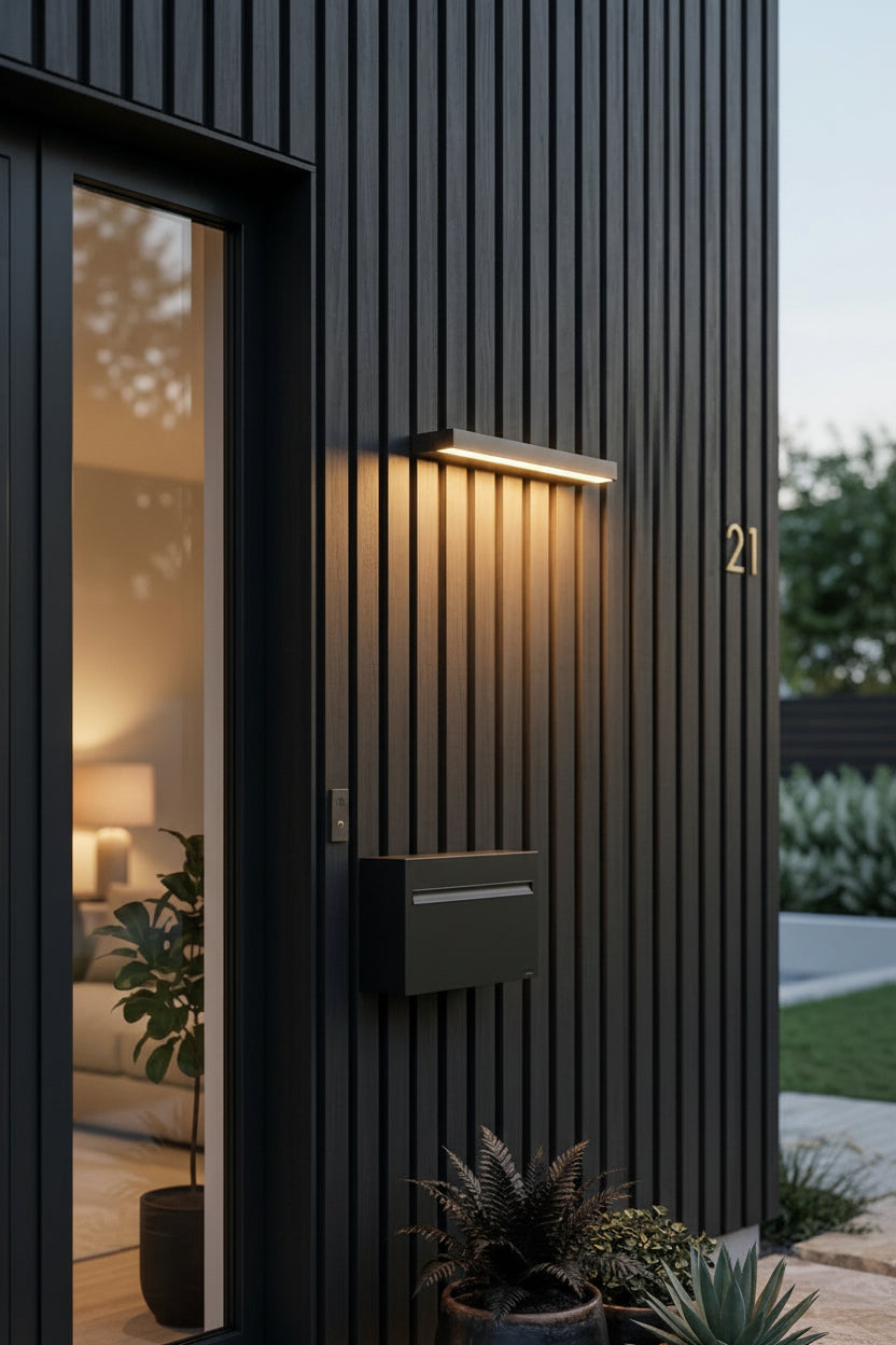 Moderne woning met verticale gevelbekleding van thermisch gemodificeerd populierenhout in een zwarte kleur