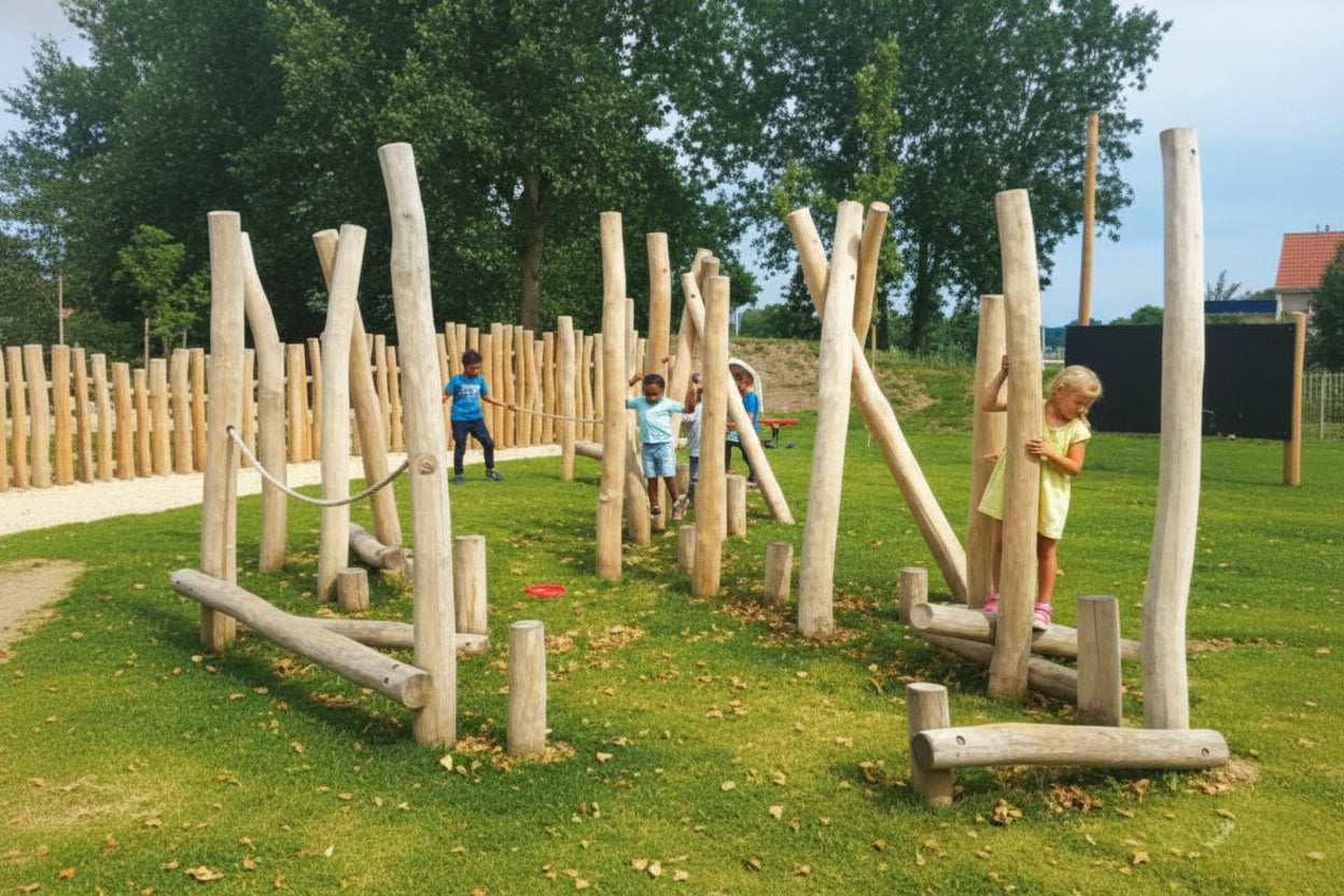 Spintvrij geschuurde Robinia palen Ø 14-16 cm gebruikt in een natuurlijk speeltoestel voor kinderen op een groen gazon