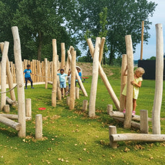 Spintvrij geschuurde Robinia palen Ø 14-16 cm gebruikt in een natuurlijk speeltoestel voor kinderen op een groen gazon