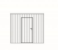 Box in iroko 200 x 200 cm met enkele deur en verticale beplanking